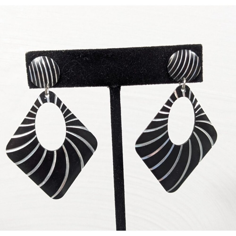 VTG Black Silver Tone Pierced Earrings Geometric Diamond Shape Stripe Statement